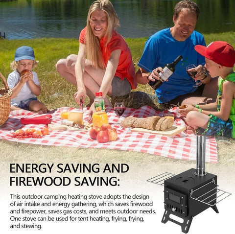 Portable wood burning stove for tent heating
Compact camp heater with chimney pipe
Foldable wood stove with cooking surface
Outdoor tent stove heating in camping setup
Stainless steel wood-burning camping heater