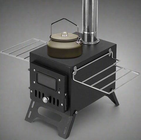 Portable wood burning stove for tent heating
Compact camp heater with chimney pipe
Foldable wood stove with cooking surface
Outdoor tent stove heating in camping setup
Stainless steel wood-burning camping heater