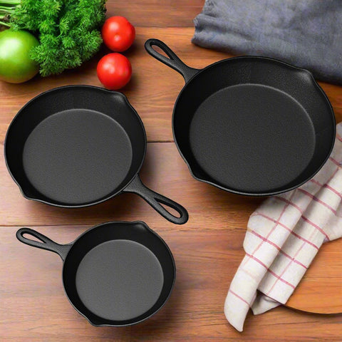 3-piece cast iron skillet set with 10-inch, 8-inch, and 6-inch pre-seasoned cookware for indoor and outdoor cooking