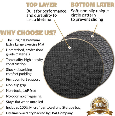 woman exercising on black non-slip fitness mat at home
large gorilla mat for home gym with yoga straps
extra thick workout mat for HIIT and cardio training
folded 7mm thick gym mat with carry handle
yoga and strength training on extra-large exercise mat