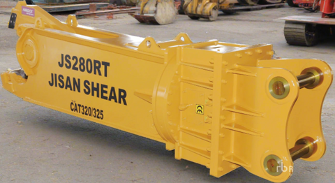 JS280RT Rotating Hydraulic Scrap Shear Attachment for Excavators – HARDOX steel build with yellow and orange finish