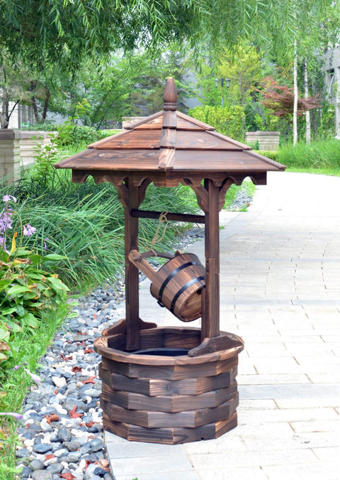 wooden garden water fountain with rustic barrel design
round outdoor fountain made of solid fir wood
vintage patio water feature with continuous water flow
backyard decor fountain with soothing water sound
rustic outdoor wooden barrel fountain placed in garden