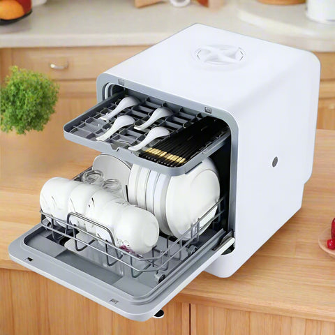 Portable countertop dishwasher for RV and cabin with dual spray arms and high-temperature drying
