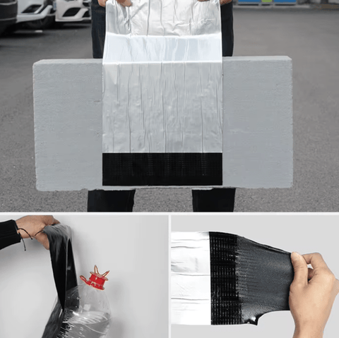 Self-adhesive asphalt patch tape unrolled for roof repair
Waterproof crack repair tape applied on concrete surface
Close-up of 2mm thick asphalt tape texture
DIY roof sealing with black asphalt repair tape
Roll of outdoor waterproof sealing tape on workbench