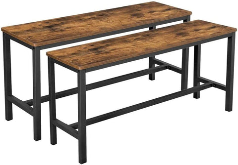 "Rustic wooden dining bench with flat seat and metal frame – set of 2 kitchen benches"