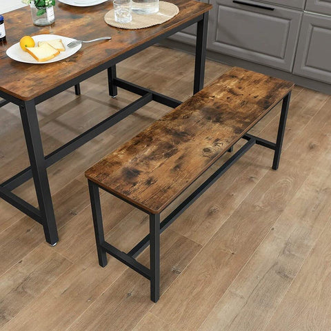 "Rustic wooden dining bench with flat seat and metal frame – set of 2 kitchen benches"