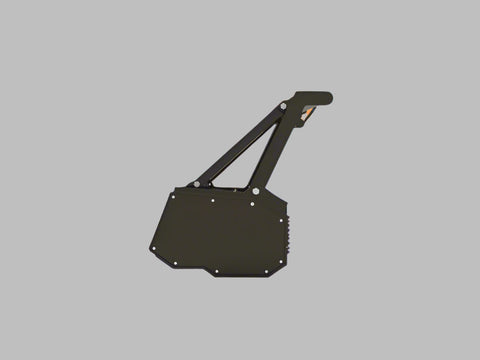 Skid Steer Drum Mulcher with heavy-duty drum and black housing
Second Image: Mounted rotary slasher on skid steer for brush cutting
Third Image: Close-up view of reinforced rotor and cutting teeth
Fourth Image: Side profile of attachment with connection points