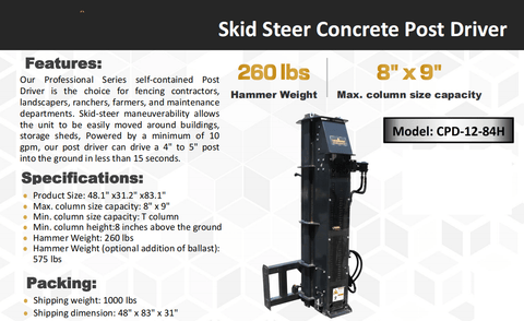 CPD1284H Skid Steer Post Driver mounted on skid steer
Side view of Quick Sledge hydraulic post driver on worksite
Self-contained fence post driver close-up with universal mount
Post driver driving steel post into ground on rocky terrain
Compact skid steer post driver for fencing and landscaping