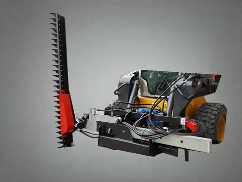 Skid Steer with Red Hydraulic Sickle Bar Hedge Trimmer (Model SHC1680)
Attachment View: Close-up of sickle blade trimming mechanism
Side Profile: Brush cutter attached to loader, angled for hedge cutting