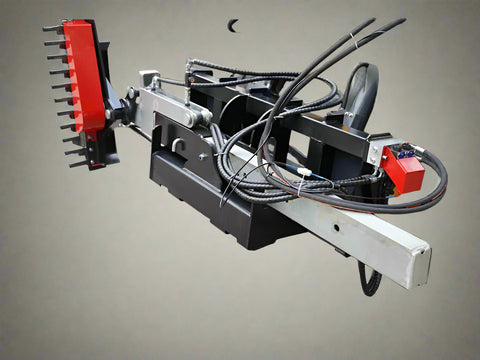 Skid Steer with Red Hydraulic Sickle Bar Hedge Trimmer (Model SHC1680)
Attachment View: Close-up of sickle blade trimming mechanism
Side Profile: Brush cutter attached to loader, angled for hedge cutting