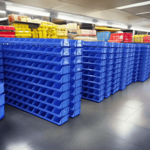 Industrial parts and hardware organizer bins in warehouse setting