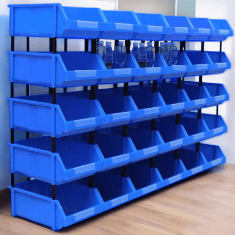Durable blue plastic storage bins for garages and workshops