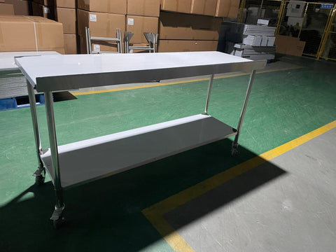 Stainless steel rolling work table with locking wheels – front view
48-inch stainless steel prep station with under-shelf and casters
72-inch commercial kitchen table with wheels – side angle
Mobile food service prep table with heavy-duty design
Industrial stainless table in warehouse environment