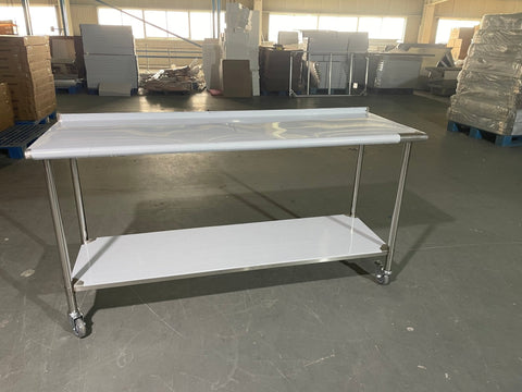 Stainless steel rolling work table with locking wheels – front view
48-inch stainless steel prep station with under-shelf and casters
72-inch commercial kitchen table with wheels – side angle
Mobile food service prep table with heavy-duty design
Industrial stainless table in warehouse environment