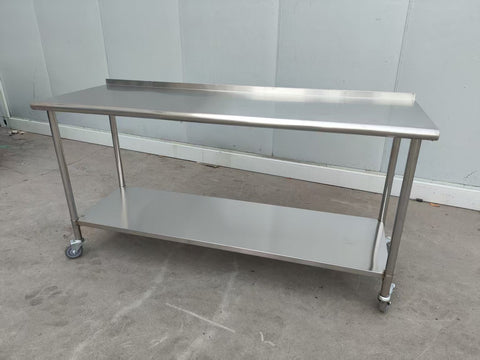 Stainless steel rolling work table with locking wheels – front view
48-inch stainless steel prep station with under-shelf and casters
72-inch commercial kitchen table with wheels – side angle
Mobile food service prep table with heavy-duty design
Industrial stainless table in warehouse environment