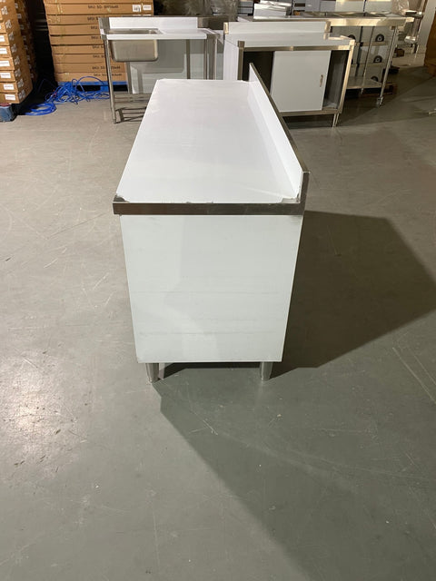 Stainless steel workbench with sliding doors front view
Restaurant prep table with built-in storage
Commercial kitchen stainless steel workbench
Side view of sliding door stainless work table
Heavy-duty garage workbench with stainless cabinet