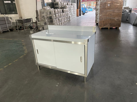 Stainless steel workbench with sliding doors front view
Restaurant prep table with built-in storage
Commercial kitchen stainless steel workbench
Side view of sliding door stainless work table
Heavy-duty garage workbench with stainless cabinet