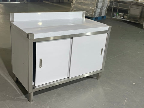 Stainless steel workbench with sliding doors front view
Restaurant prep table with built-in storage
Commercial kitchen stainless steel workbench
Side view of sliding door stainless work table
Heavy-duty garage workbench with stainless cabinet