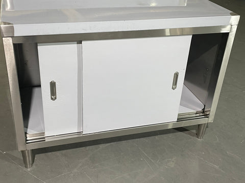 Stainless steel workbench with sliding doors front view
Restaurant prep table with built-in storage
Commercial kitchen stainless steel workbench
Side view of sliding door stainless work table
Heavy-duty garage workbench with stainless cabinet