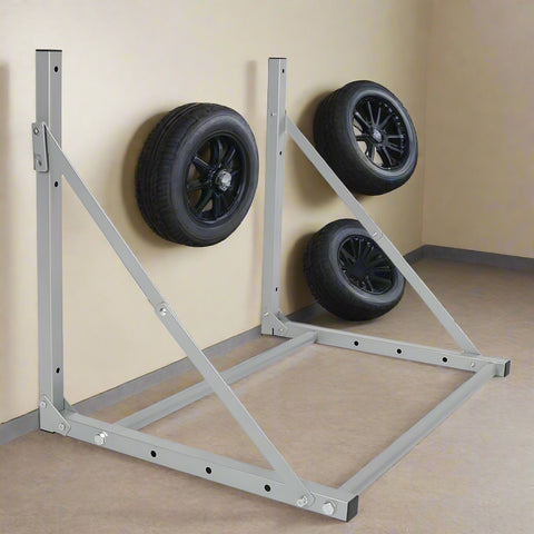 Steel wall-mounted folding tire and wheel storage rack – 300 lb capacity – adjustable width