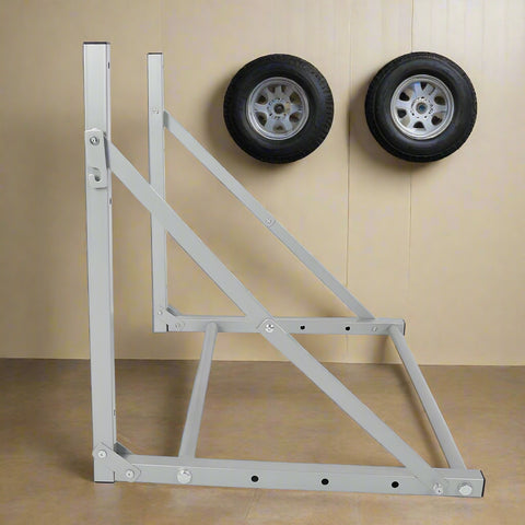 Steel wall-mounted folding tire and wheel storage rack – 300 lb capacity – adjustable width