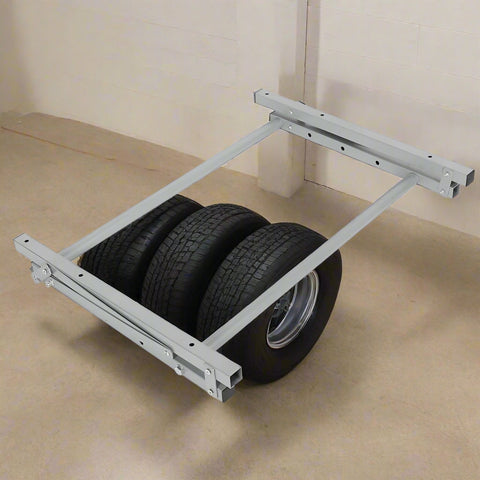 Steel wall-mounted folding tire and wheel storage rack – 300 lb capacity – adjustable width