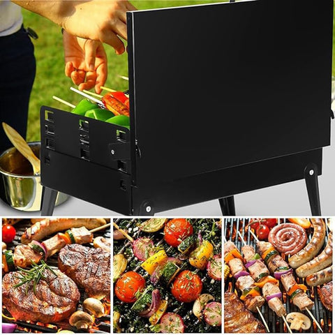Portable suitcase-style BBQ grill folded open
Compact charcoal grill for travel and camping
Portable BBQ with meat and vegetables on the grill
Folding grill shown in backyard setup
BBQ grill packed for outdoor picnic