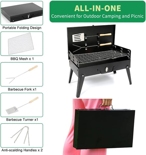 Portable suitcase-style BBQ grill folded open
Compact charcoal grill for travel and camping
Portable BBQ with meat and vegetables on the grill
Folding grill shown in backyard setup
BBQ grill packed for outdoor picnic