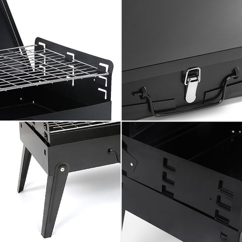 Portable suitcase-style BBQ grill folded open
Compact charcoal grill for travel and camping
Portable BBQ with meat and vegetables on the grill
Folding grill shown in backyard setup
BBQ grill packed for outdoor picnic
