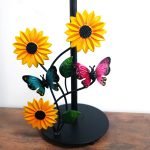 Sunflower and butterfly paper towel holder with floral iron frame – decorative kitchen countertop accessory
