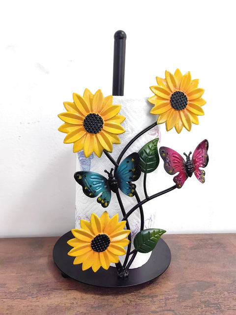 Sunflower and butterfly paper towel holder with floral iron frame – decorative kitchen countertop accessory
