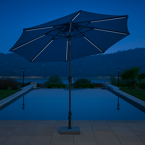 “SunVilla 10 FT LED Patio Umbrella at sunset”
“360-degree solar-powered umbrella with Outdura canopy”
“Tan SunVilla umbrella with LED lights open on patio”
“Outdoor umbrella with auto tilt feature – gray color”