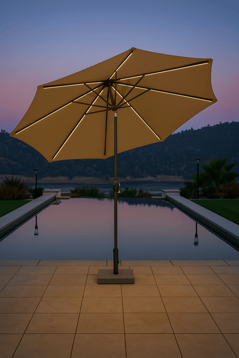 “SunVilla 10 FT LED Patio Umbrella at sunset”
“360-degree solar-powered umbrella with Outdura canopy”
“Tan SunVilla umbrella with LED lights open on patio”
“Outdoor umbrella with auto tilt feature – gray color”