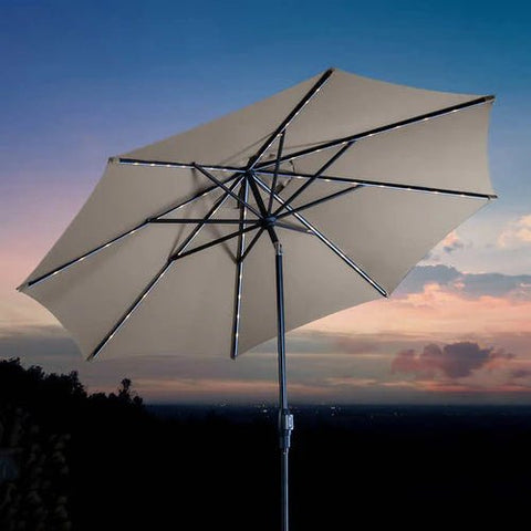 “SunVilla 10 FT LED Patio Umbrella at sunset”
“360-degree solar-powered umbrella with Outdura canopy”
“Tan SunVilla umbrella with LED lights open on patio”
“Outdoor umbrella with auto tilt feature – gray color”