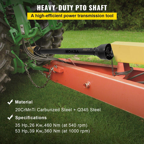 Yellow Series 4 PTO shaft with 6-spline ends and safety cover – isolated view
Diagram showing PTO shaft specs and torque performance
PTO shaft installed on orange tractor with mower attachment
Detailed view of 6-spline and round-end connectors on PTO shaft