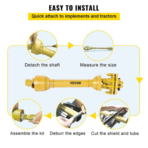 Yellow Series 4 PTO shaft with 6-spline ends and safety cover – isolated view
Diagram showing PTO shaft specs and torque performance
PTO shaft installed on orange tractor with mower attachment
Detailed view of 6-spline and round-end connectors on PTO shaft