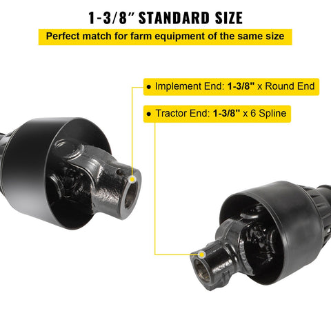 Yellow Series 4 PTO shaft with 6-spline ends and safety cover – isolated view
Diagram showing PTO shaft specs and torque performance
PTO shaft installed on orange tractor with mower attachment
Detailed view of 6-spline and round-end connectors on PTO shaft