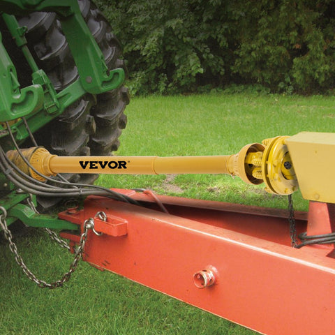 Yellow Series 4 PTO shaft with 6-spline ends and safety cover – isolated view
Diagram showing PTO shaft specs and torque performance
PTO shaft installed on orange tractor with mower attachment
Detailed view of 6-spline and round-end connectors on PTO shaft