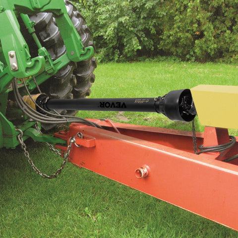 Yellow Series 4 PTO shaft with 6-spline ends and safety cover – isolated view
Diagram showing PTO shaft specs and torque performance
PTO shaft installed on orange tractor with mower attachment
Detailed view of 6-spline and round-end connectors on PTO shaft