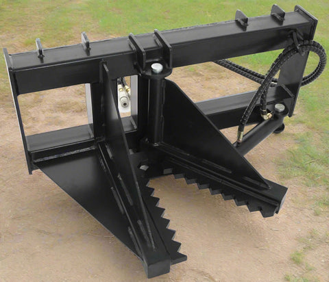 Tree and fence post puller attached to a skid steer
Side view of post puller showing steel jaws and hydraulic cylinder
Top-down view of post puller with open clamp
Puller in action removing small tree from ground
Compact and rugged post puller for skid steer