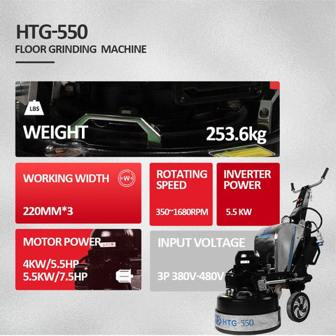 HTG-550 floor grinder front angle
Planetary concrete grinder industrial use
HTG grinder with dust shroud and handles
Concrete floor polishing machine
Three-head floor surface grinder HTG-550