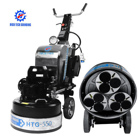 HTG-550 floor grinder front angle
Planetary concrete grinder industrial use
HTG grinder with dust shroud and handles
Concrete floor polishing machine
Three-head floor surface grinder HTG-550