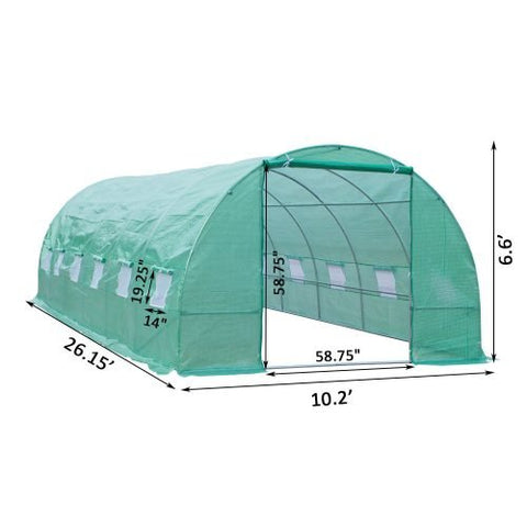 Walk-in dome greenhouse in backyard garden – 20x10x7 size
Peak roof tunnel greenhouse with open flap – front angle
Side view of large greenhouse with roll-up windows
Walk-in greenhouse with anchoring on grass lawn
All-weather plastic greenhouse with steel frame