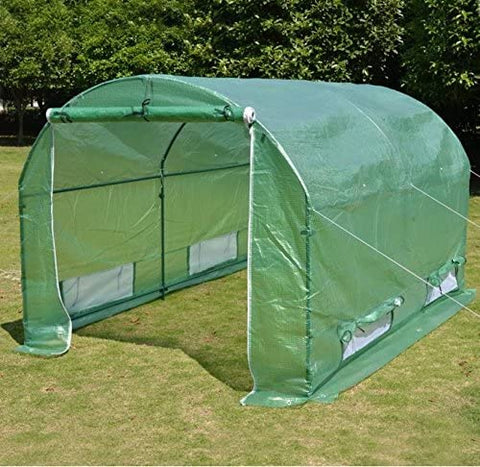 Walk-in dome greenhouse in backyard garden – 20x10x7 size
Peak roof tunnel greenhouse with open flap – front angle
Side view of large greenhouse with roll-up windows
Walk-in greenhouse with anchoring on grass lawn
All-weather plastic greenhouse with steel frame