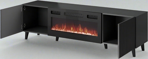 "Modern wall-mounted TV stand with fireplace insert"
"Gloss black and white floating TV unit with LED fireplace"
"31.5-inch electric fireplace built into media console"
"Sleek wall-mounted entertainment unit for 80-inch TV"