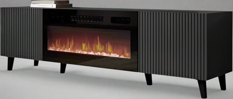 "Modern wall-mounted TV stand with fireplace insert"
"Gloss black and white floating TV unit with LED fireplace"
"31.5-inch electric fireplace built into media console"
"Sleek wall-mounted entertainment unit for 80-inch TV"