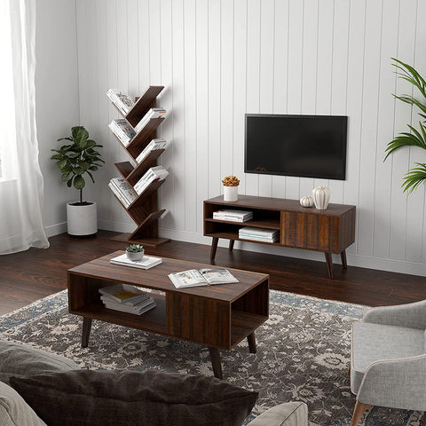 Walnut 8-tier vertical bookshelf with tree-like design
Angled Close-Up: Close-up view of wooden shelf layers and grain texture
Full Shelf with Books: Bookcase filled with books in a home setting
Shelf in Living Room: Walnut bookcase placed in a modern living room
Shelf in Bedroom: Compact wooden bookcase next to bed and décor items