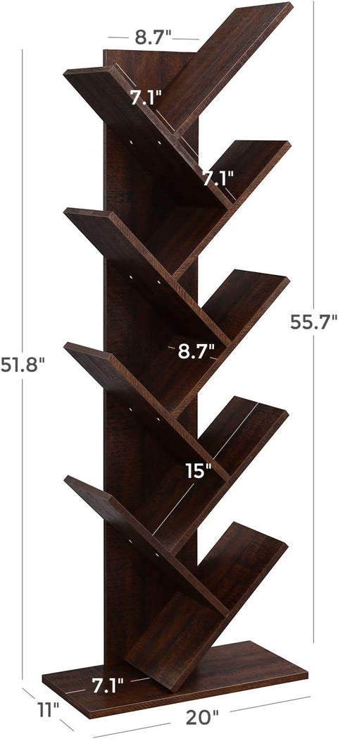 Walnut 8-tier vertical bookshelf with tree-like design
Angled Close-Up: Close-up view of wooden shelf layers and grain texture
Full Shelf with Books: Bookcase filled with books in a home setting
Shelf in Living Room: Walnut bookcase placed in a modern living room
Shelf in Bedroom: Compact wooden bookcase next to bed and décor items