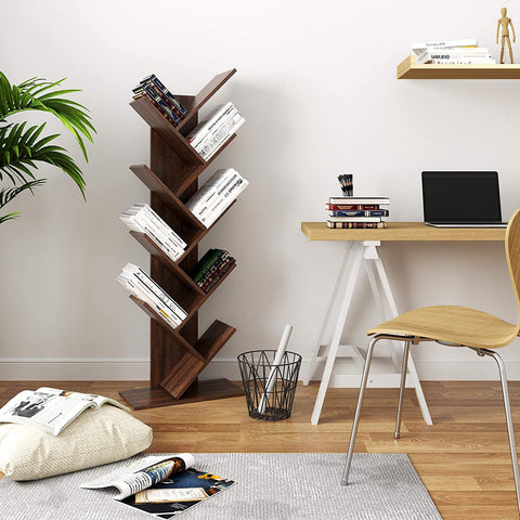 Walnut 8-tier vertical bookshelf with tree-like design
Angled Close-Up: Close-up view of wooden shelf layers and grain texture
Full Shelf with Books: Bookcase filled with books in a home setting
Shelf in Living Room: Walnut bookcase placed in a modern living room
Shelf in Bedroom: Compact wooden bookcase next to bed and décor items