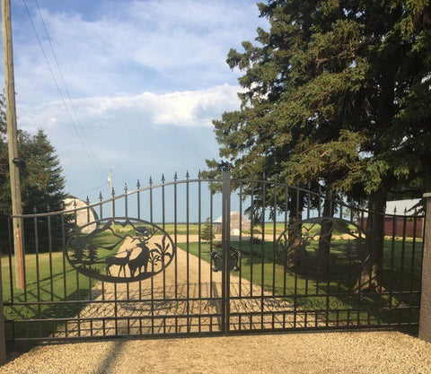 Wrought Iron Black Driveway Gate Set
Decorative Iron Entry Gates for Farm and Ranch
Durable Wrought Iron Gates – Deer Design
Heavy-Duty Black Iron Gates for Estate Entrance
Tree of Life Wrought Iron Entry Gate Design